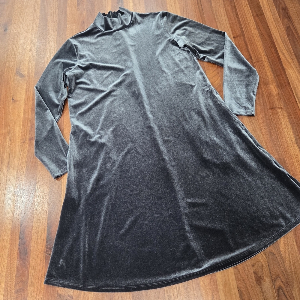 Lands' End Gray/Silver Velvet Velour TUrtleneck Pockets Dress Size Medium 10- 12
